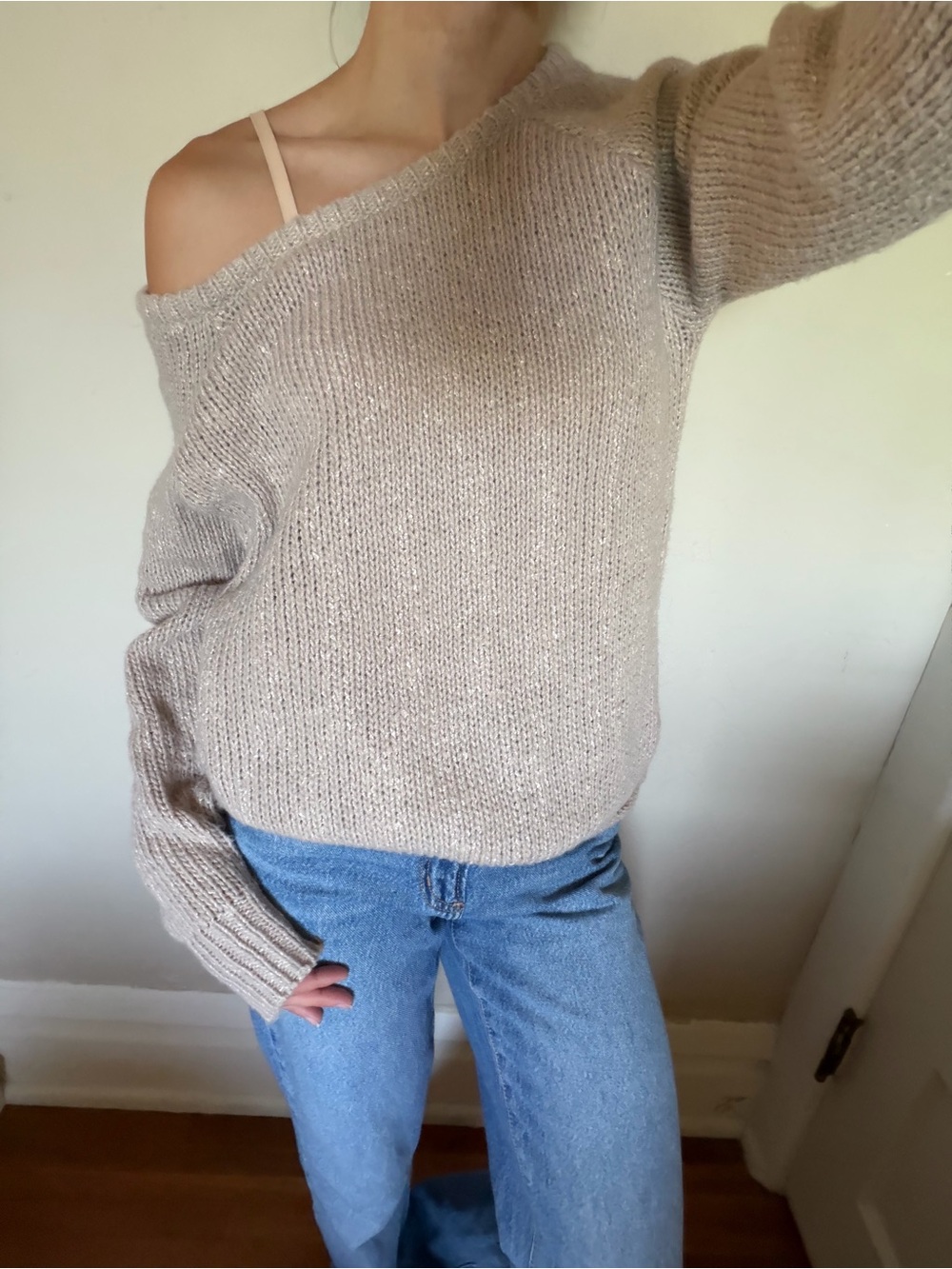 Light brown off the shoulder sweater, size small.